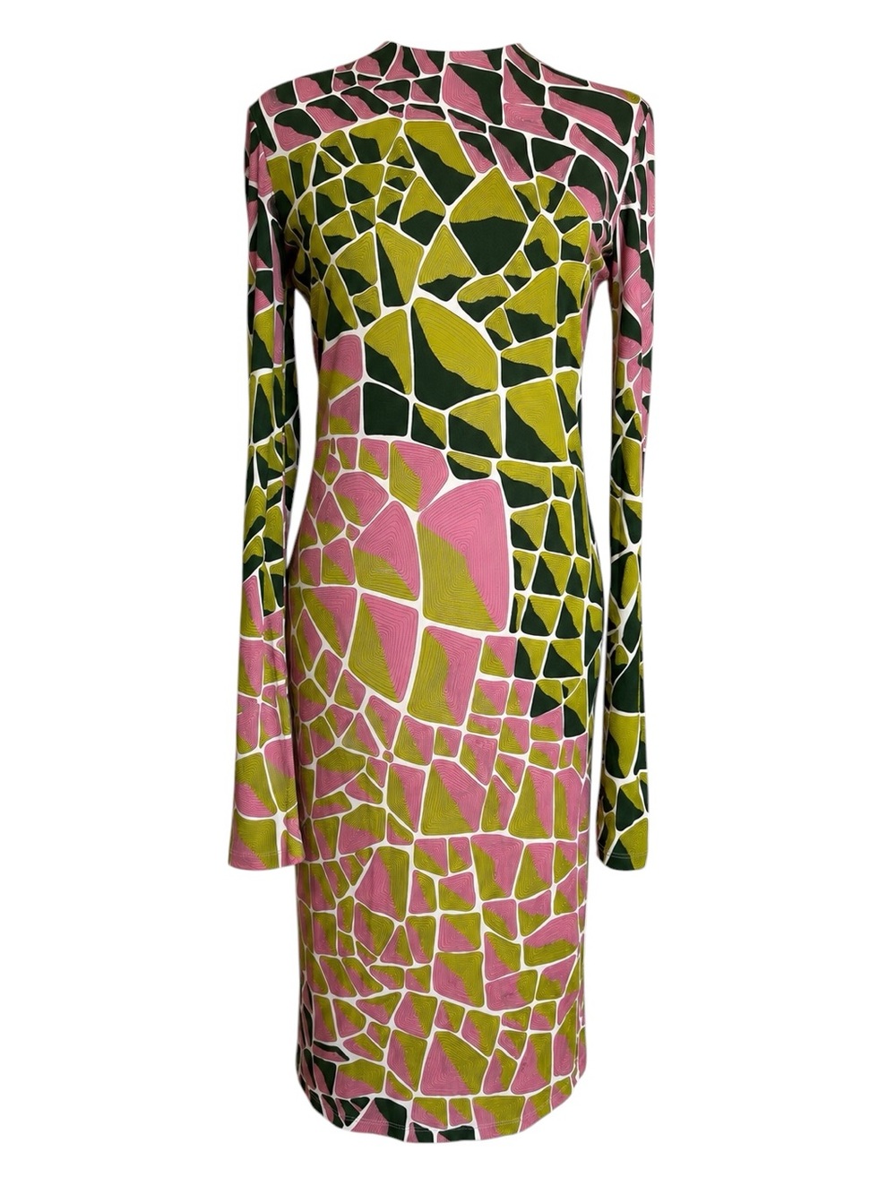 Vintage Emilio Pucci Pink Green White Long Sleeve Open Back Midi Dress 42 6 S